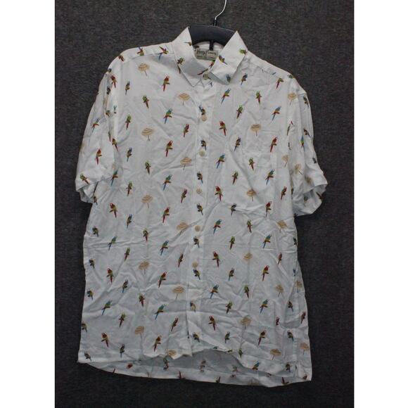 Kenny Flowers Large White Multicolor Parrot Print Button Up Shirt Hawaiian - Picture 1 of 6